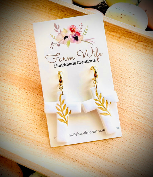 Gold palm leaf cross dangles