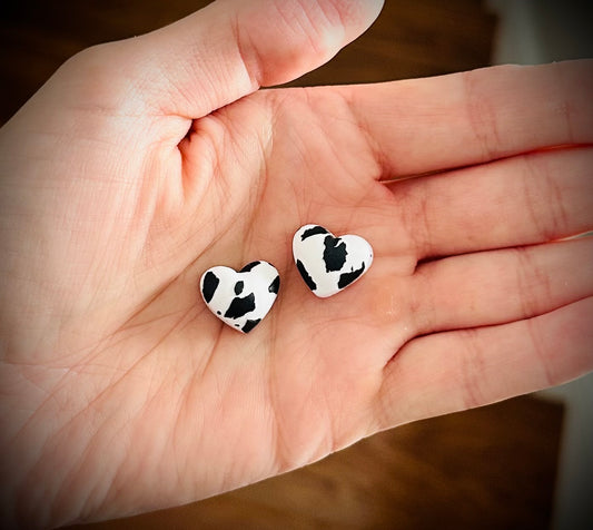 Bubble heart cow print studs