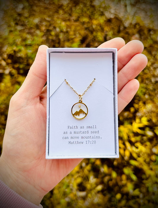 Mustard seed necklace with mountain