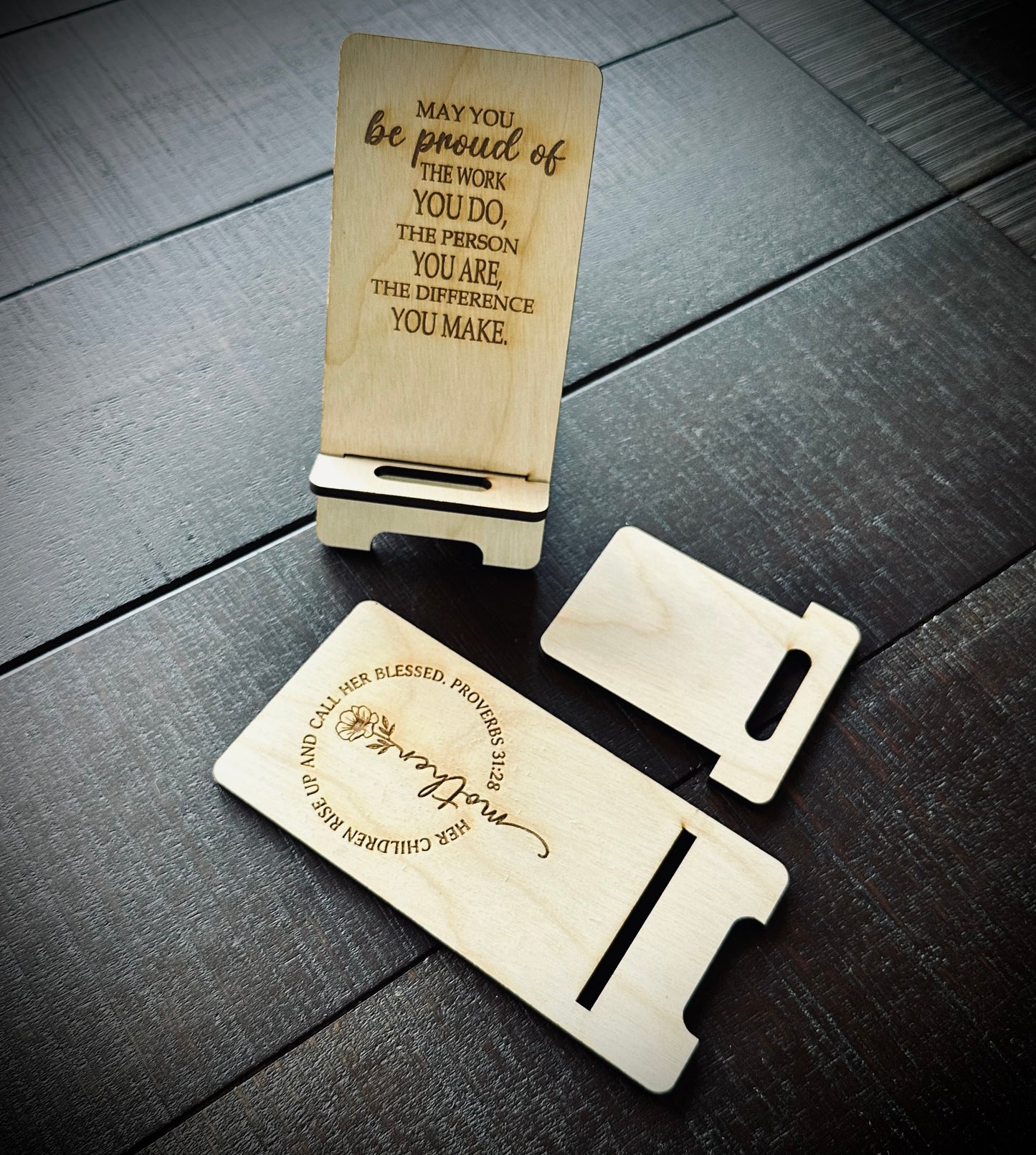 Phone stands engraved